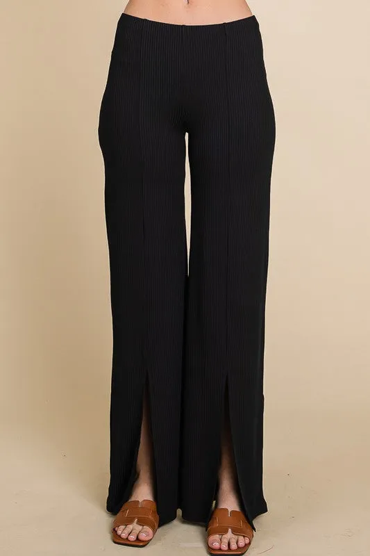 High Waist Deep Slit Ribbed Flare Pants