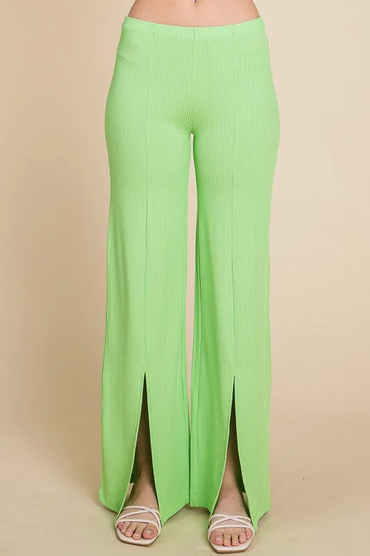 High Waist Deep Slit Ribbed Flare Pants