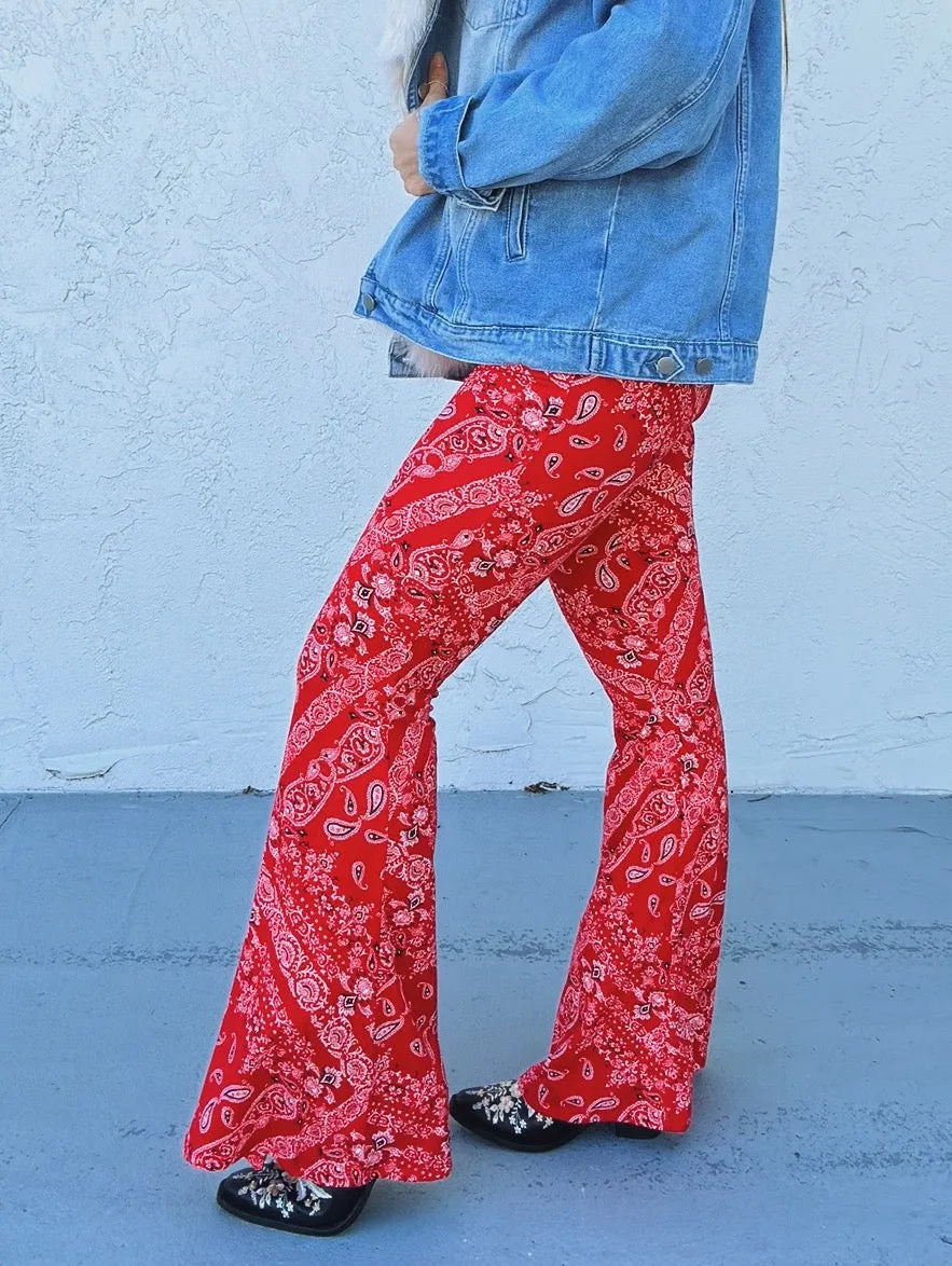 Hillbilly Hippie Bandana Print Bell Bottom Flare Pants