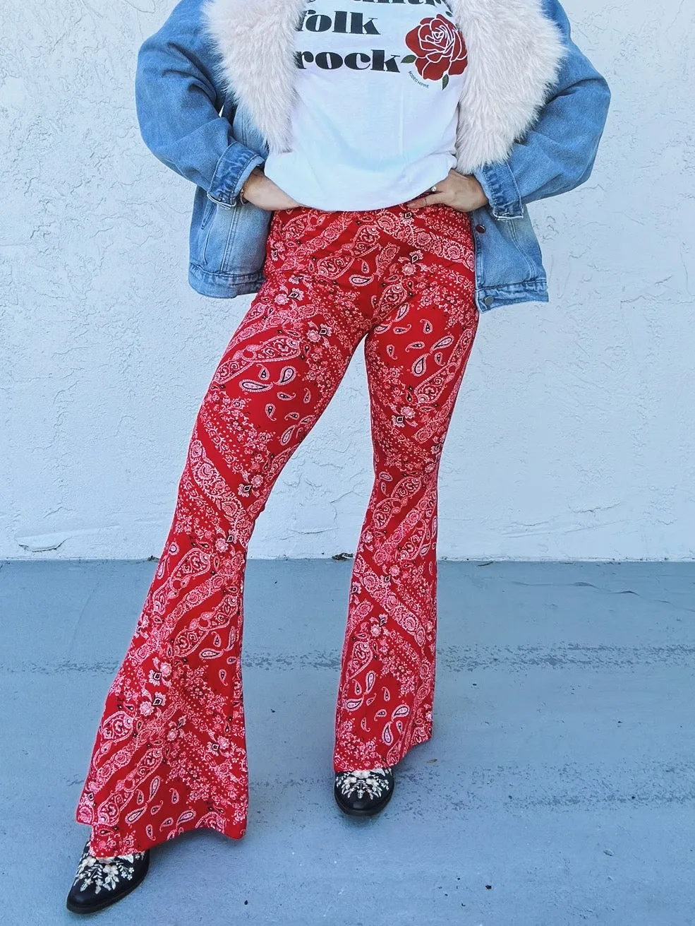 Hillbilly Hippie Bandana Print Bell Bottom Flare Pants