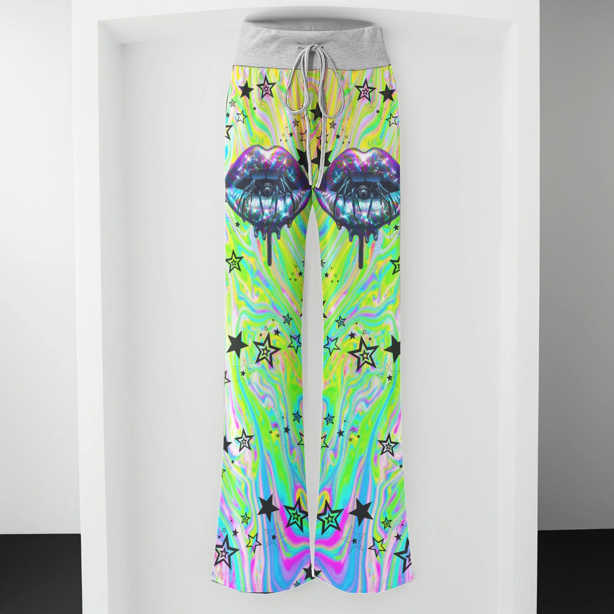 Holographic Skull Lip Art Women's High-waisted Wide Leg Pants