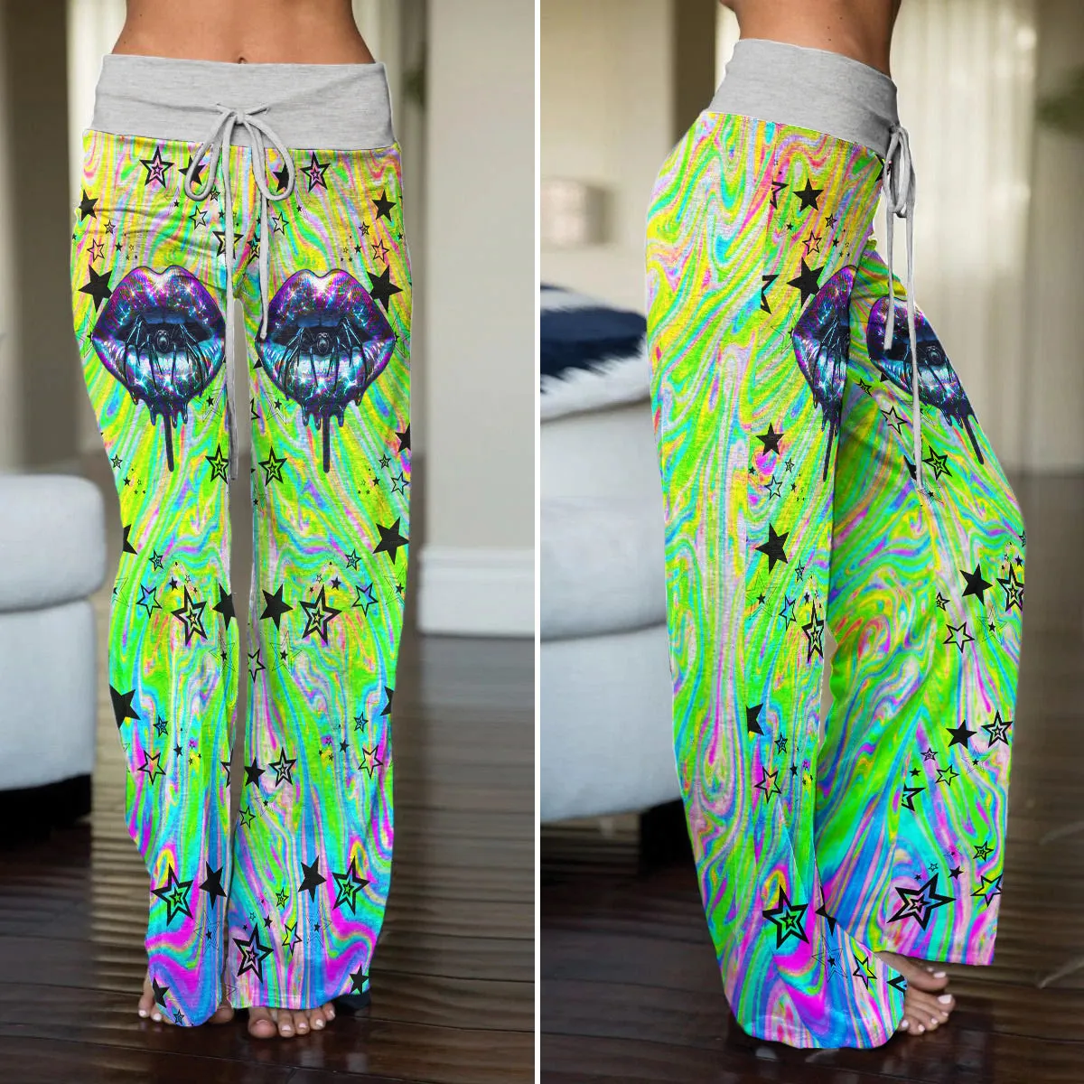 Holographic Skull Lip Art Women's High-waisted Wide Leg Pants