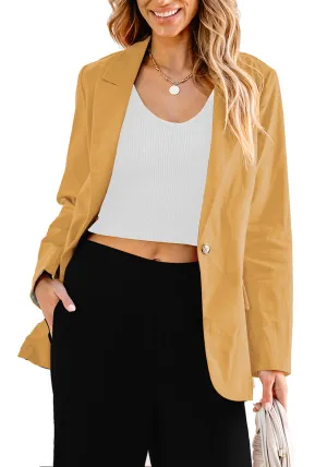 Honey Yellow Women's Business Casual Pocket Notched Lapels Blazer Long Rolled Up Sleeve Blazer