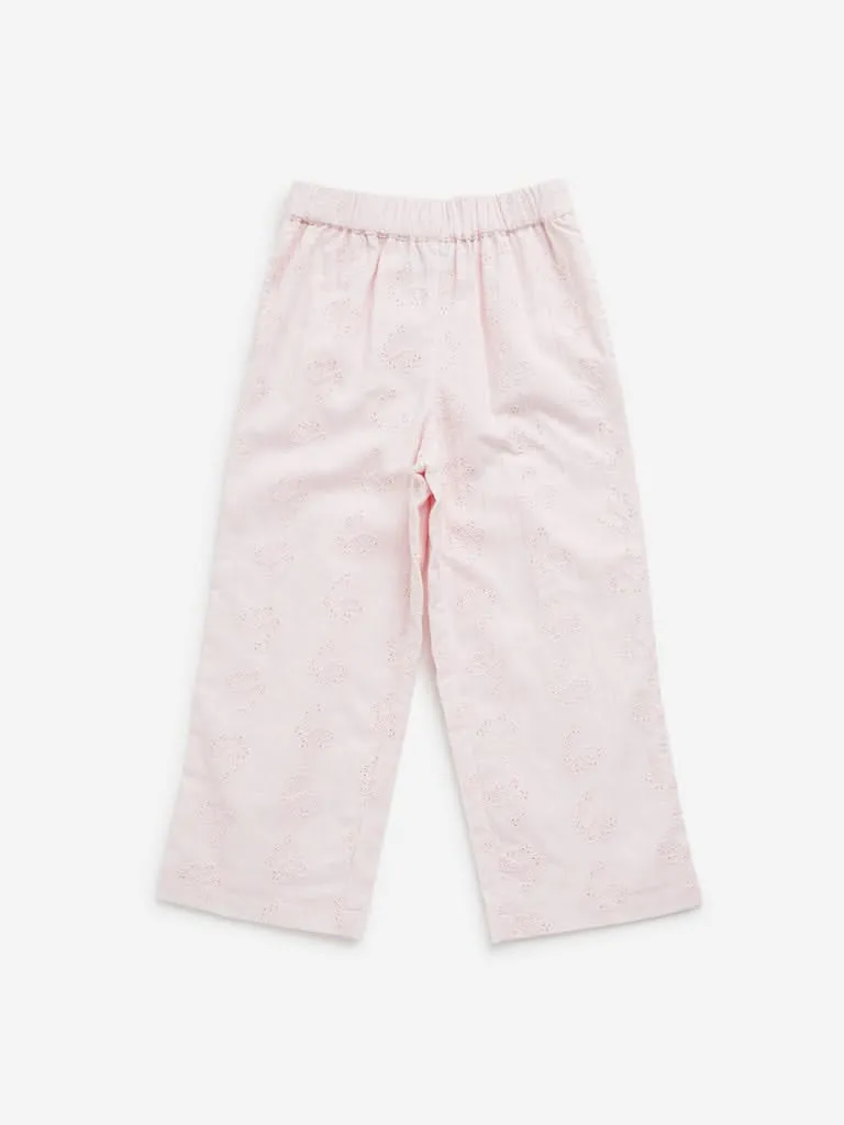 HOP Kids Light Pink Butterfly Schiffli Mid-Rise Cotton Pants