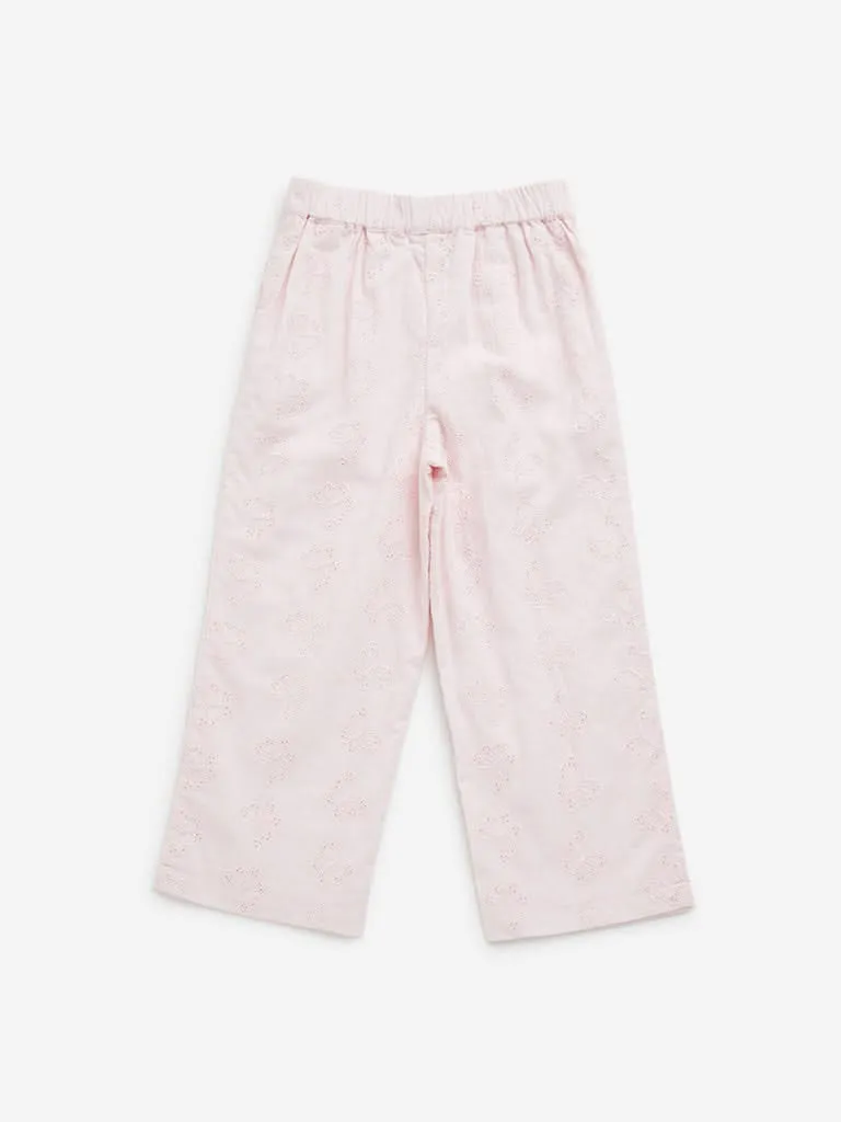 HOP Kids Light Pink Butterfly Schiffli Mid-Rise Cotton Pants