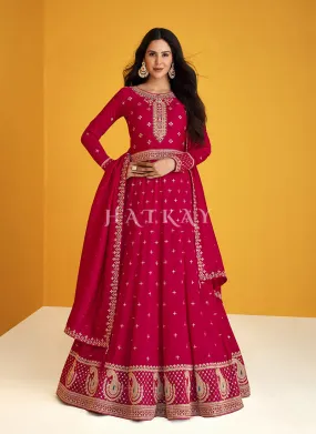 Hot Pink Embroidered Silk Traditional Anarkali Suit