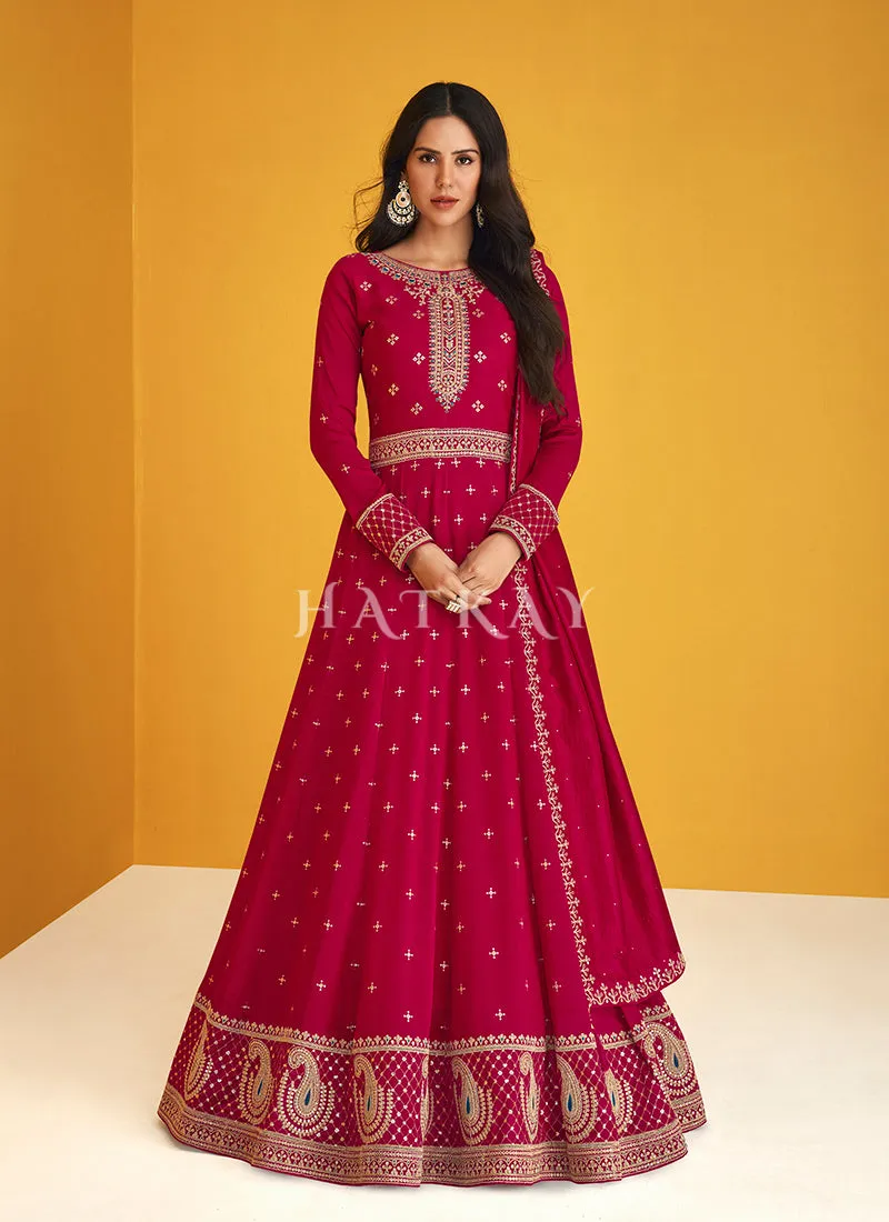 Hot Pink Embroidered Silk Traditional Anarkali Suit