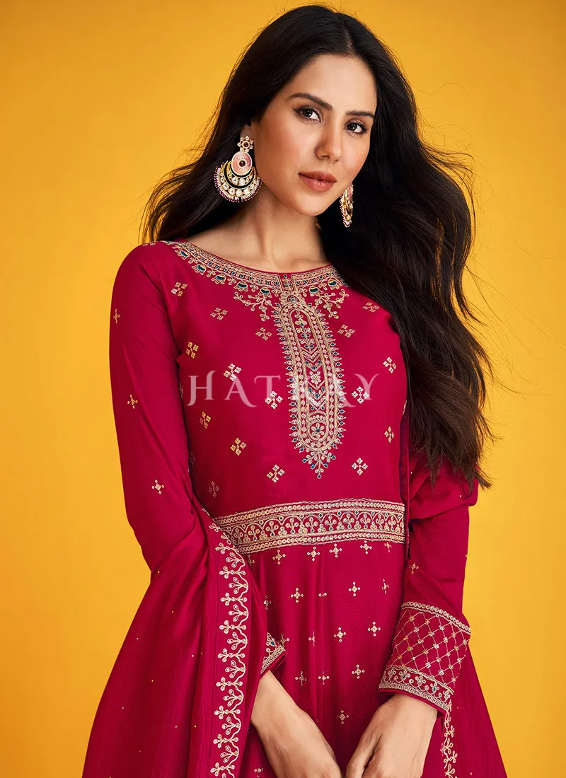 Hot Pink Embroidered Silk Traditional Anarkali Suit