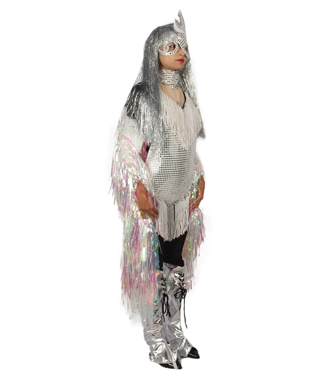 HPO Adult Unisex Silver Holographic Long Tinsel Jacket Costume Bundle with Silver Tinsel Wig