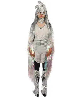 HPO Adult Unisex Silver Holographic Long Tinsel Jacket Costume Bundle with Silver Tinsel Wig