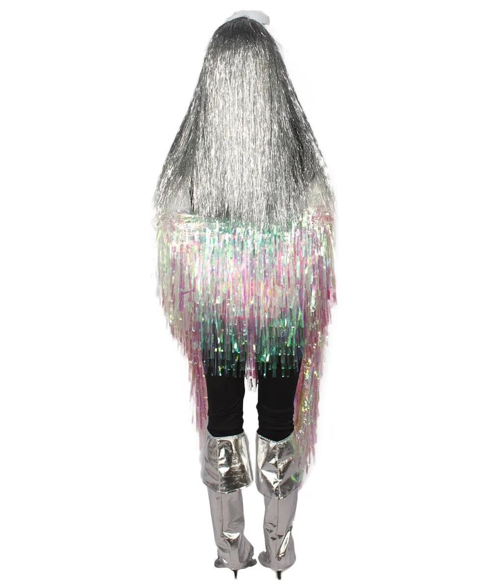 HPO Adult Unisex Silver Holographic Long Tinsel Jacket Costume Bundle with Silver Tinsel Wig