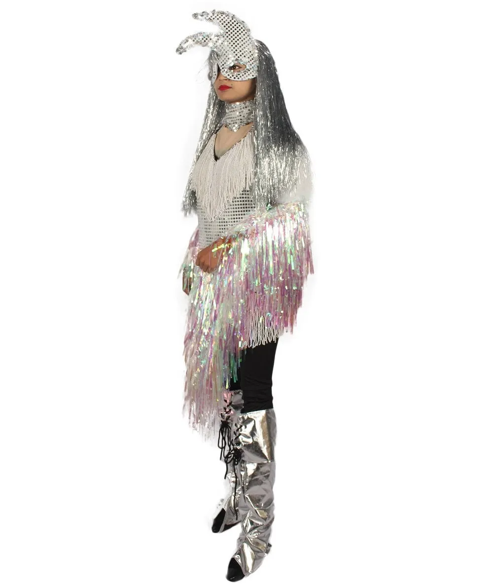 HPO Adult Unisex Silver Holographic Long Tinsel Jacket Costume Bundle with Silver Tinsel Wig