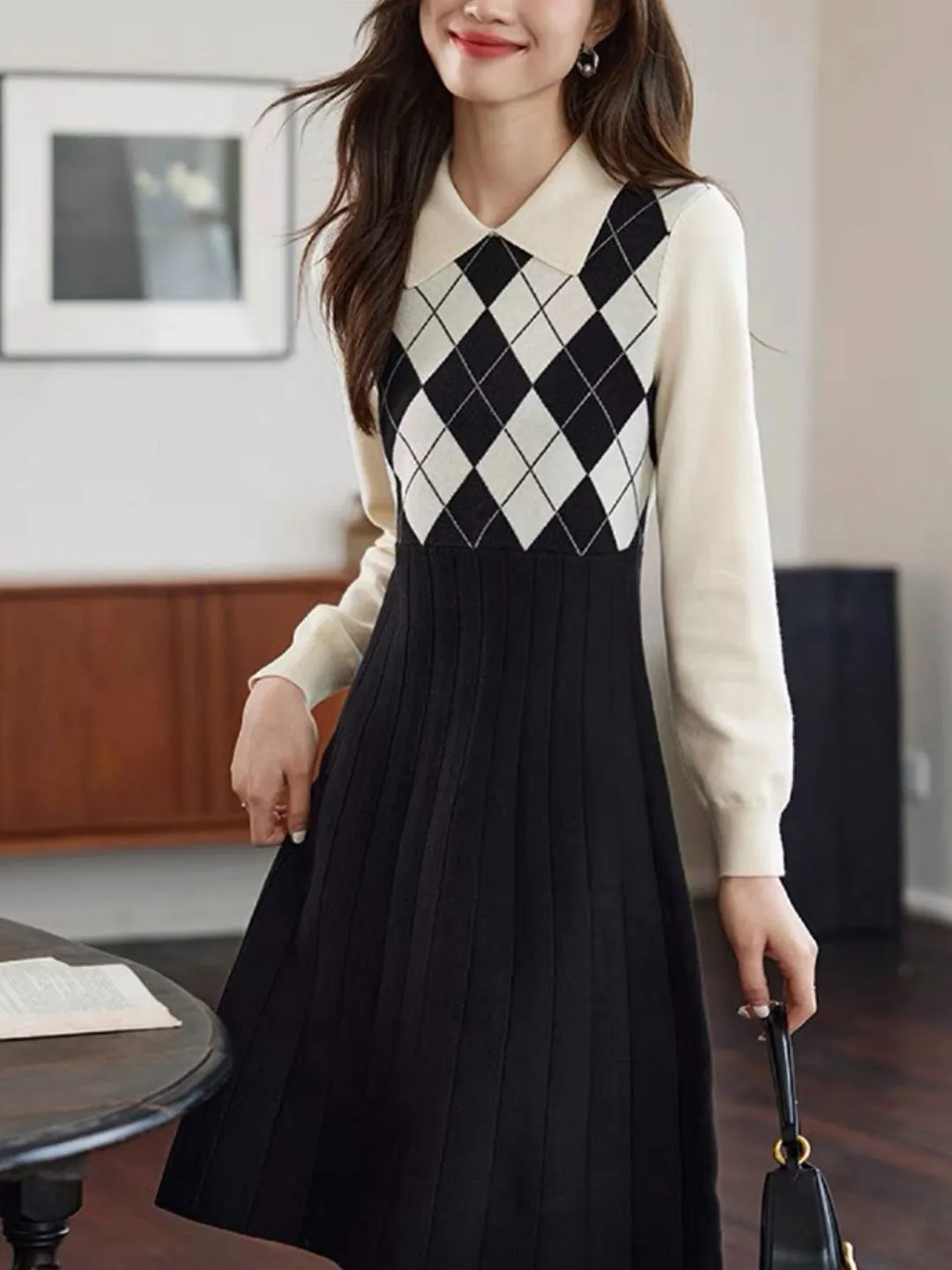 Jocelyn Elegant Diamond Patchwork Knitted Dress