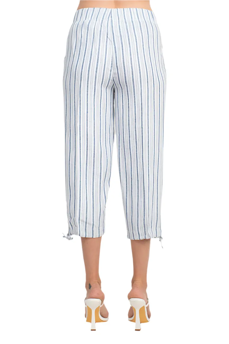 Land N Sea Pull-on Elastic Waist Tie Bottom Stripe Print Linen Pant with Pockets