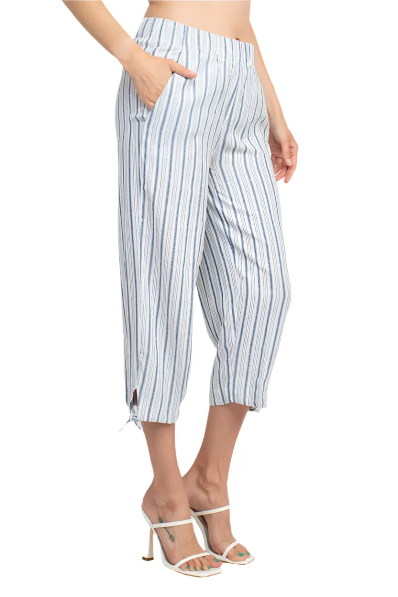 Land N Sea Pull-on Elastic Waist Tie Bottom Stripe Print Linen Pant with Pockets