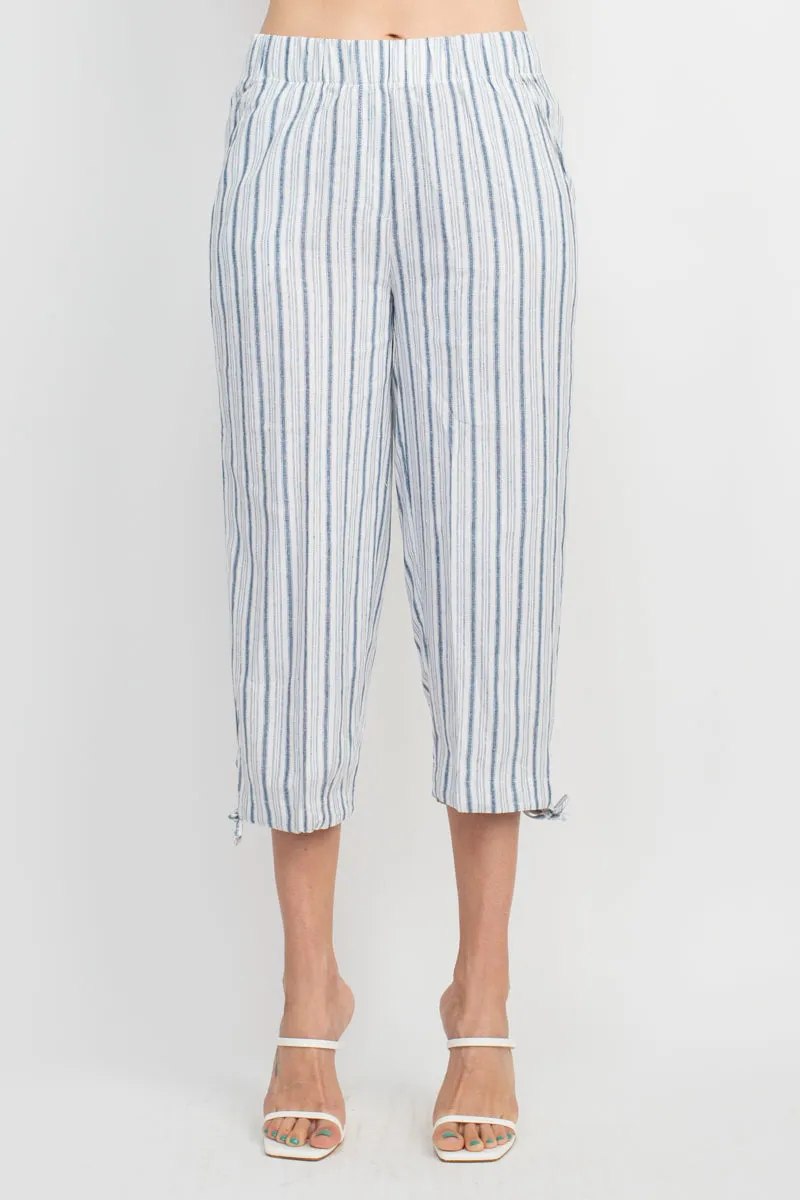 Land N Sea Pull-on Elastic Waist Tie Bottom Stripe Print Linen Pant with Pockets