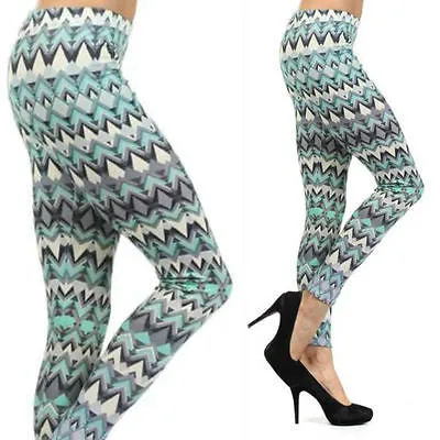 Leggings Chevron Zig Zag Blue Teal Colorful Skinny Pants Stretch