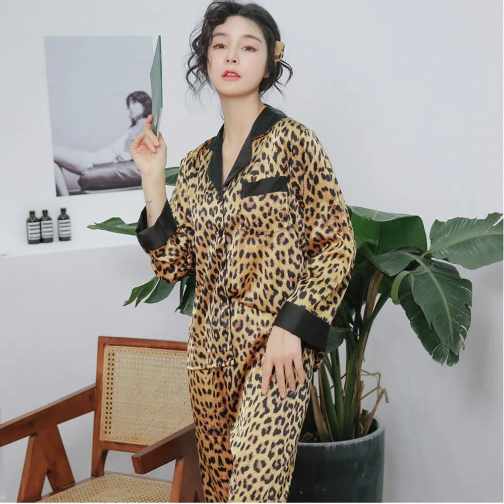 Leopard Print Sexy Long Sleeve Pajamas Woman Imitate Real Silk Sleepwear