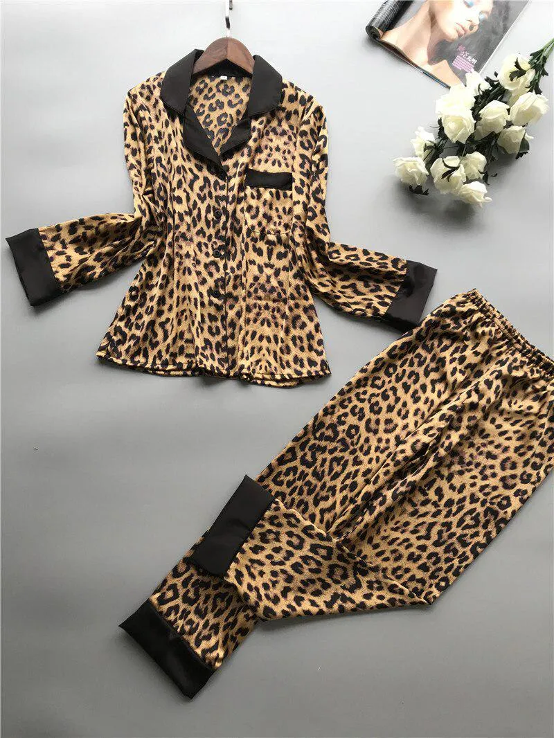 Leopard Print Sexy Long Sleeve Pajamas Woman Imitate Real Silk Sleepwear