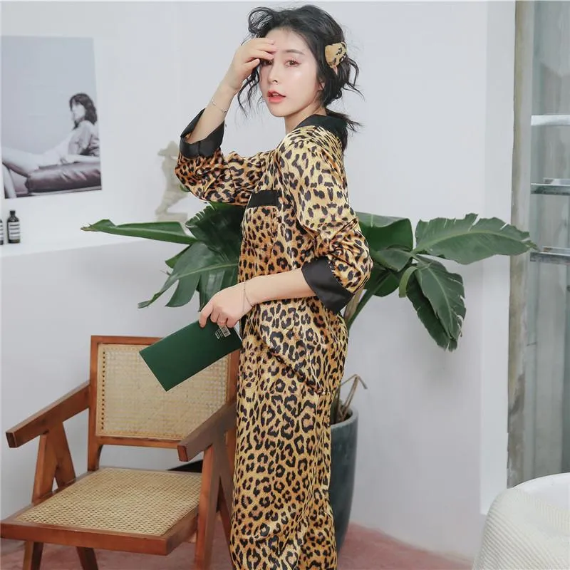 Leopard Print Sexy Long Sleeve Pajamas Woman Imitate Real Silk Sleepwear