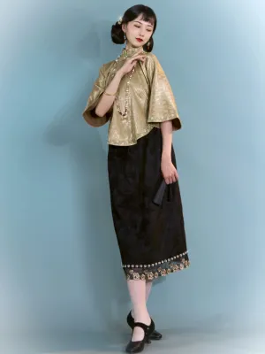 Lili Zhou 莉莉周 1920s Jacquard Bell Sleeve Qipao Top & Lace Skirt Set