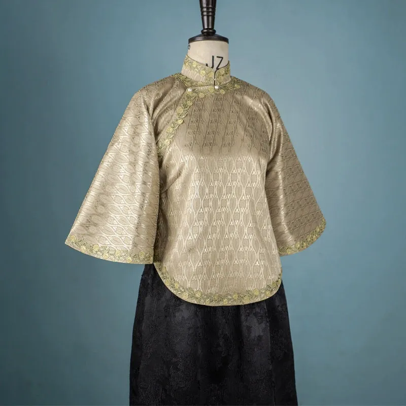 Lili Zhou 莉莉周 1920s Jacquard Bell Sleeve Qipao Top & Lace Skirt Set