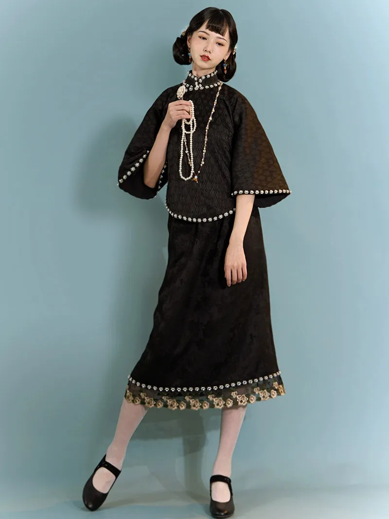 Lili Zhou 莉莉周 1920s Jacquard Bell Sleeve Qipao Top & Lace Skirt Set