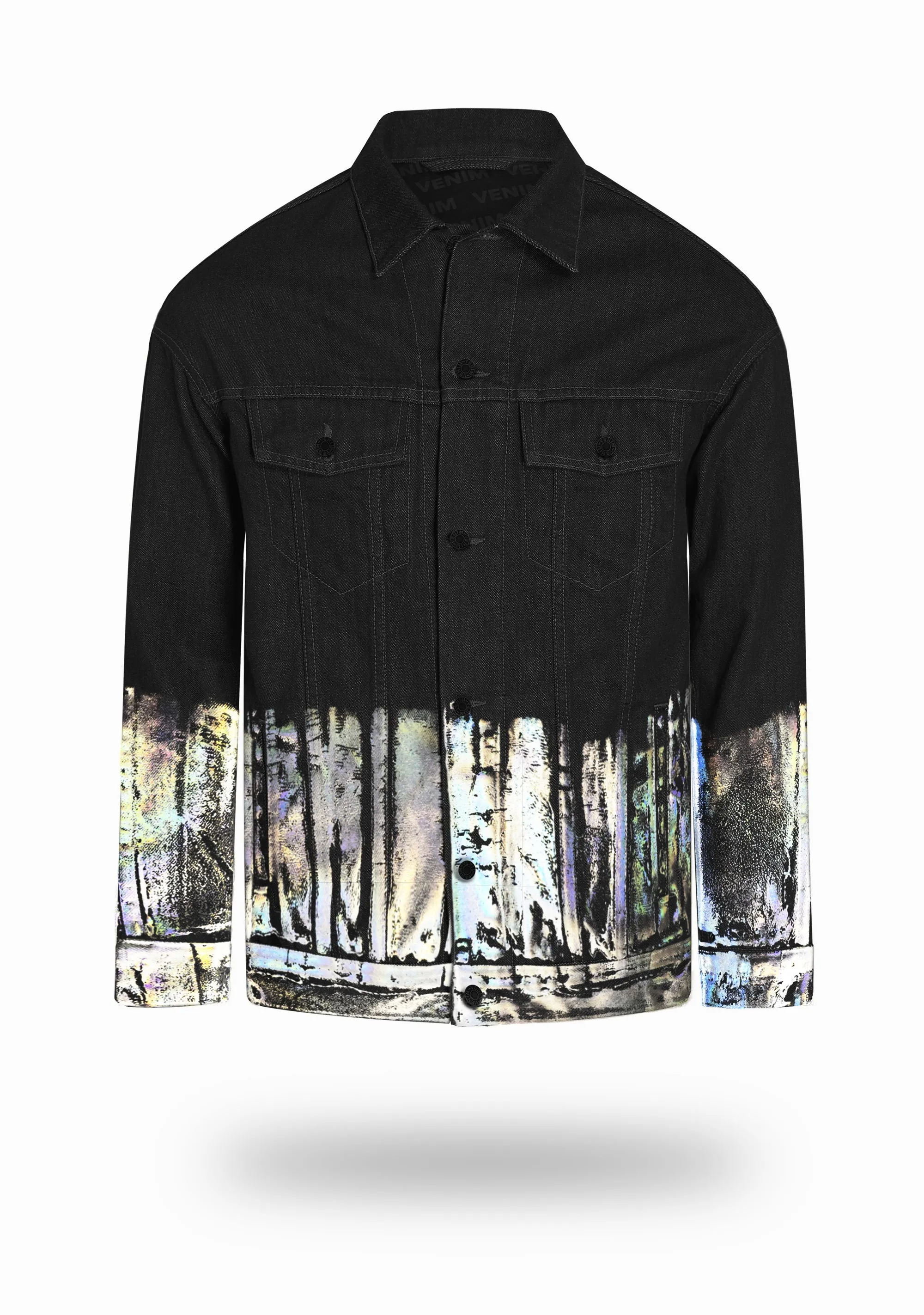 Longer Classic Black Denim Jacket with Holographic Foil