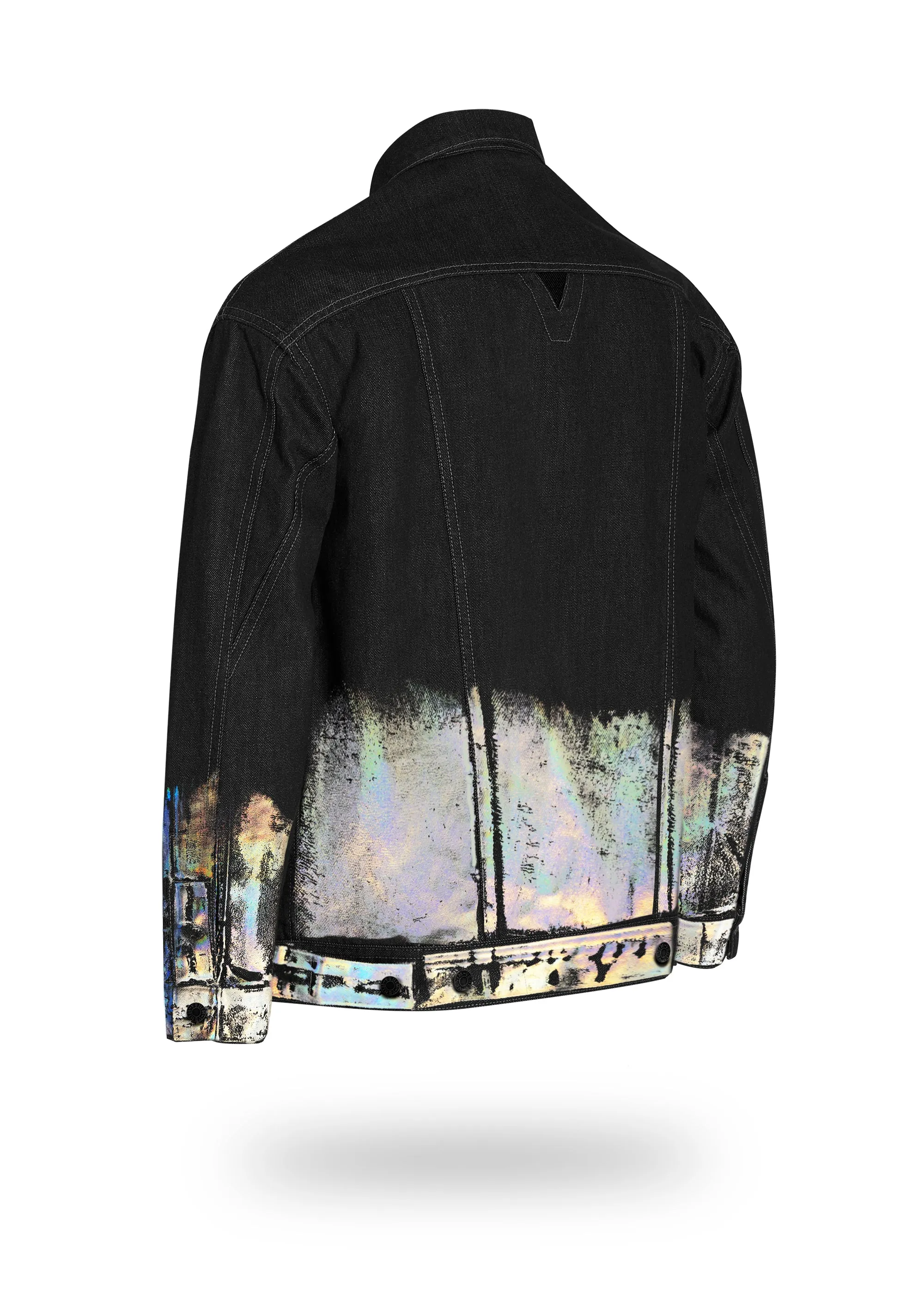 Longer Classic Black Denim Jacket with Holographic Foil