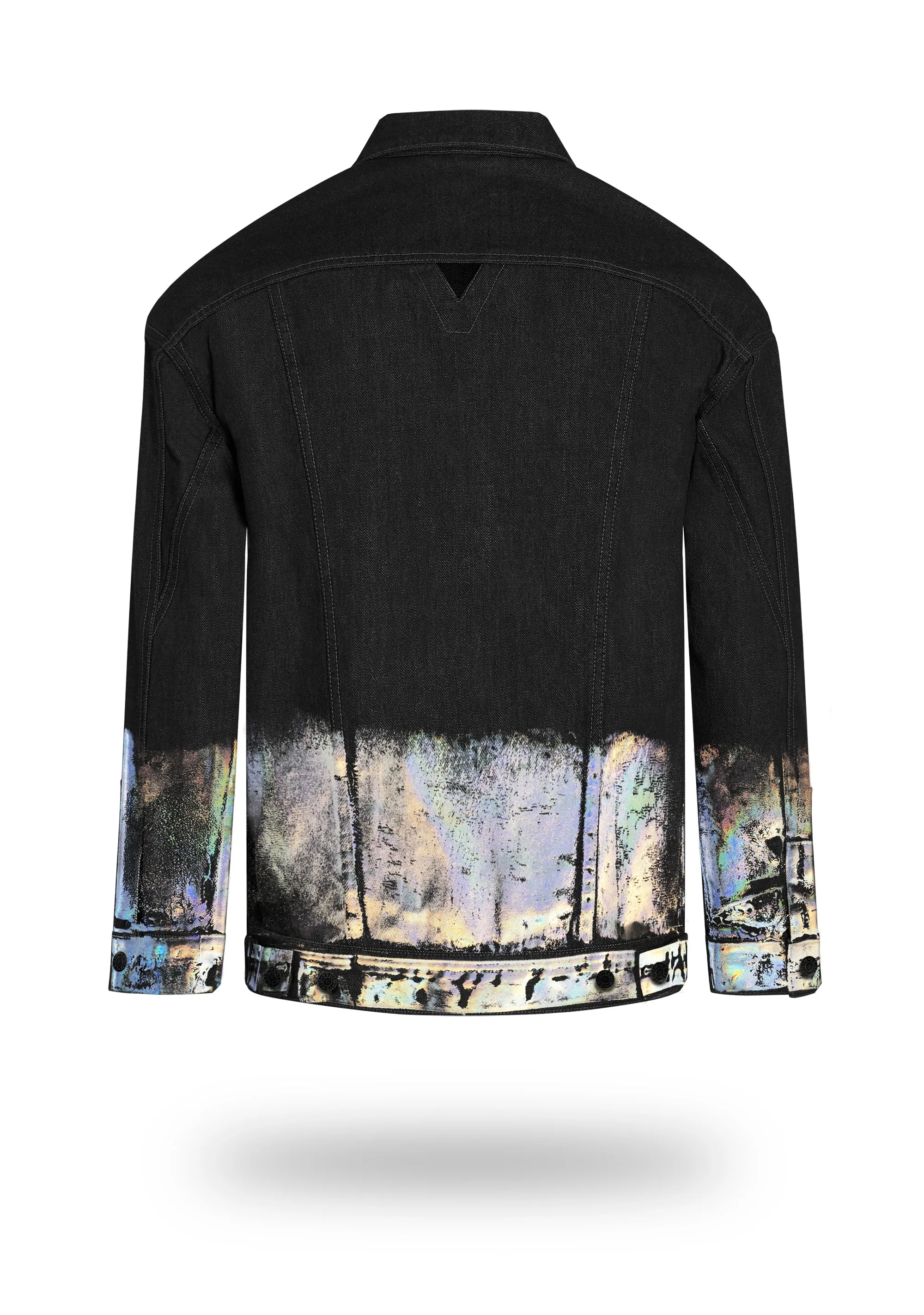 Longer Classic Black Denim Jacket with Holographic Foil