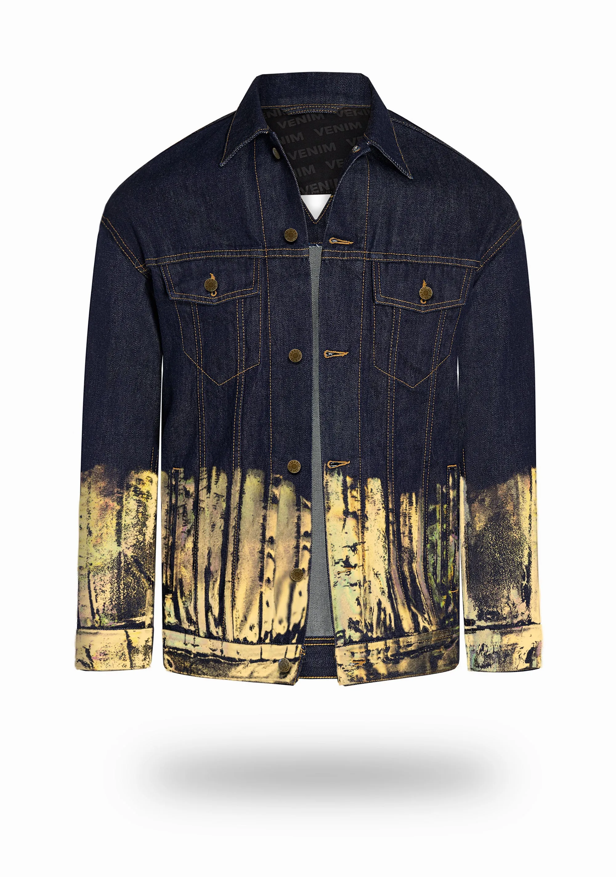 Longer Indigo Denim Jacket with Gold Holographic Foil