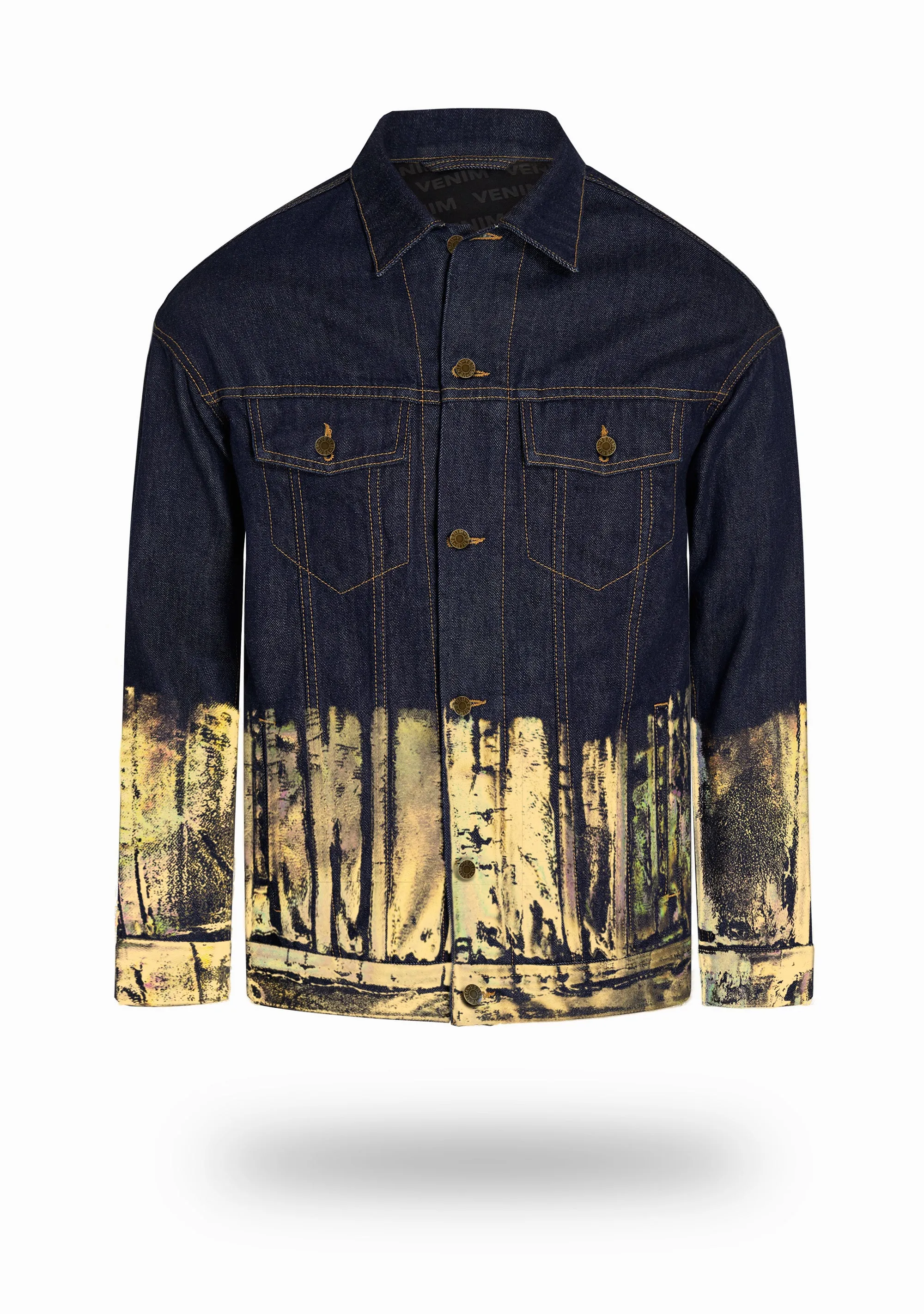 Longer Indigo Denim Jacket with Gold Holographic Foil