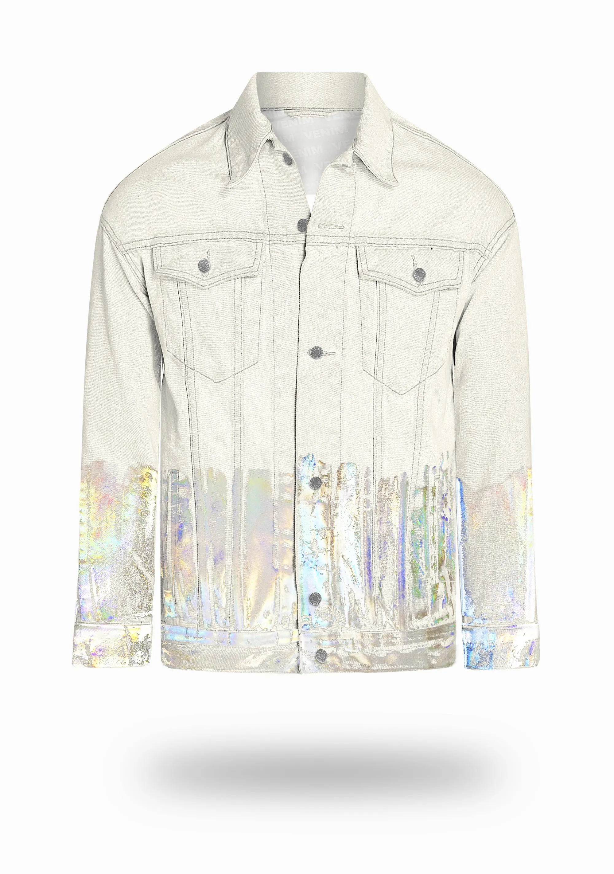 Longer Off-White Denim Jacket with Holographic Foil