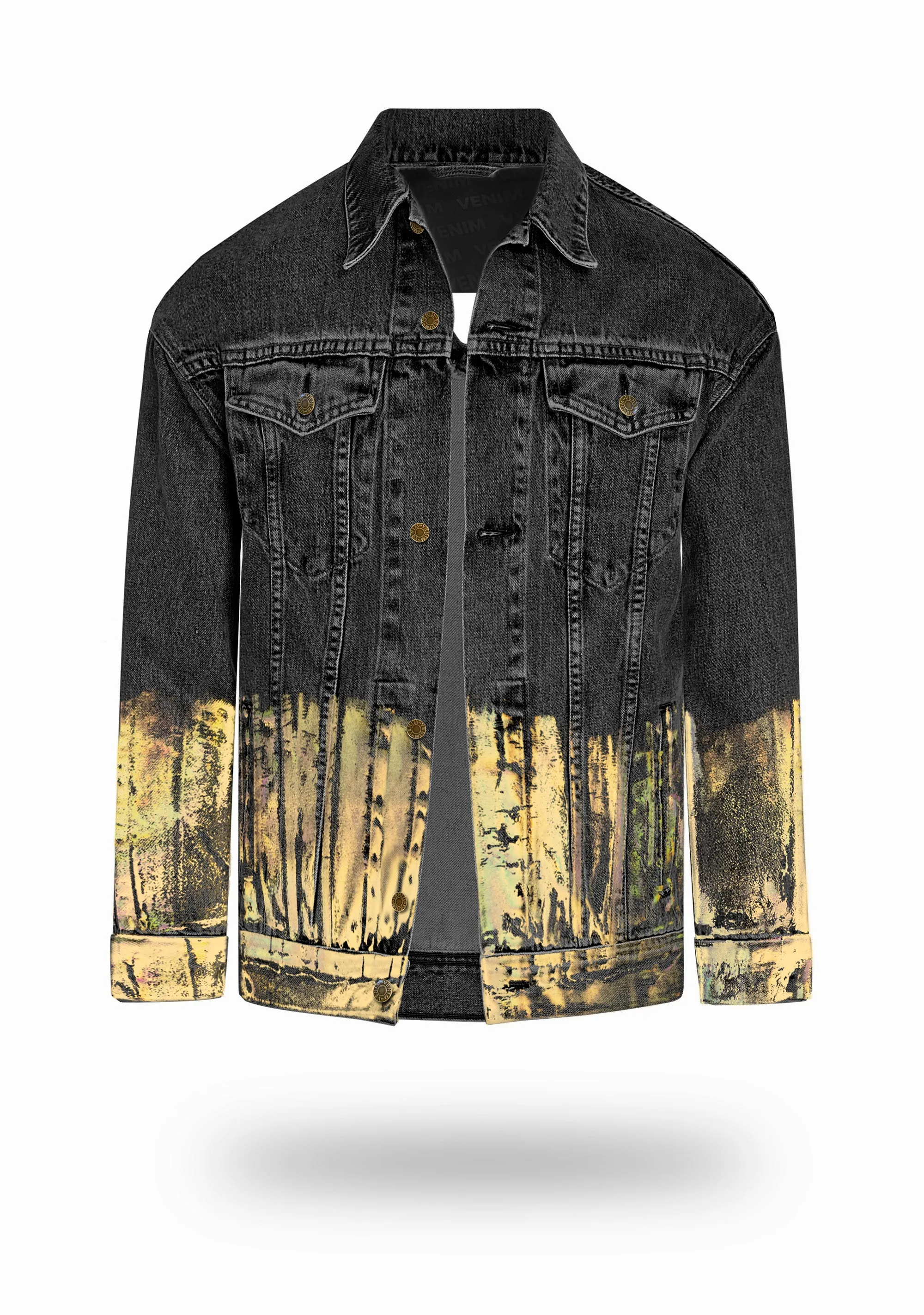 Longer Washed Black Denim Jacket with Gold Holographic Foil