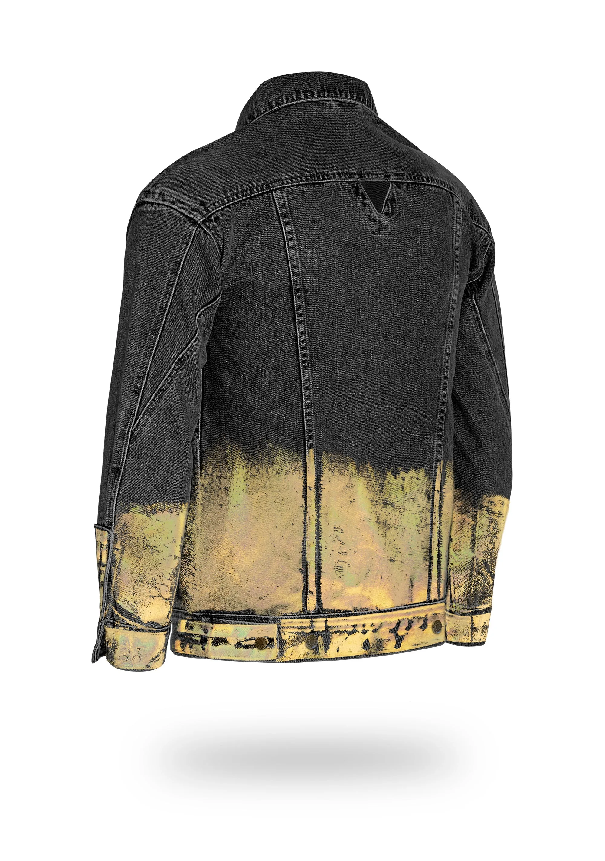 Longer Washed Black Denim Jacket with Gold Holographic Foil