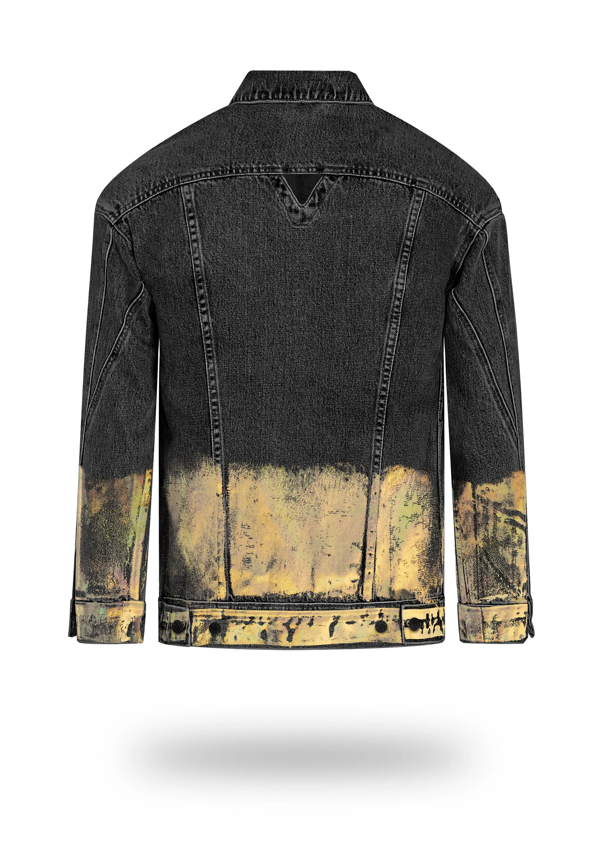 Longer Washed Black Denim Jacket with Gold Holographic Foil