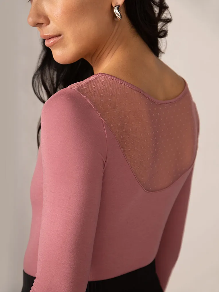 Longsleeve Bodysuit with Sheer Back in Rosewood