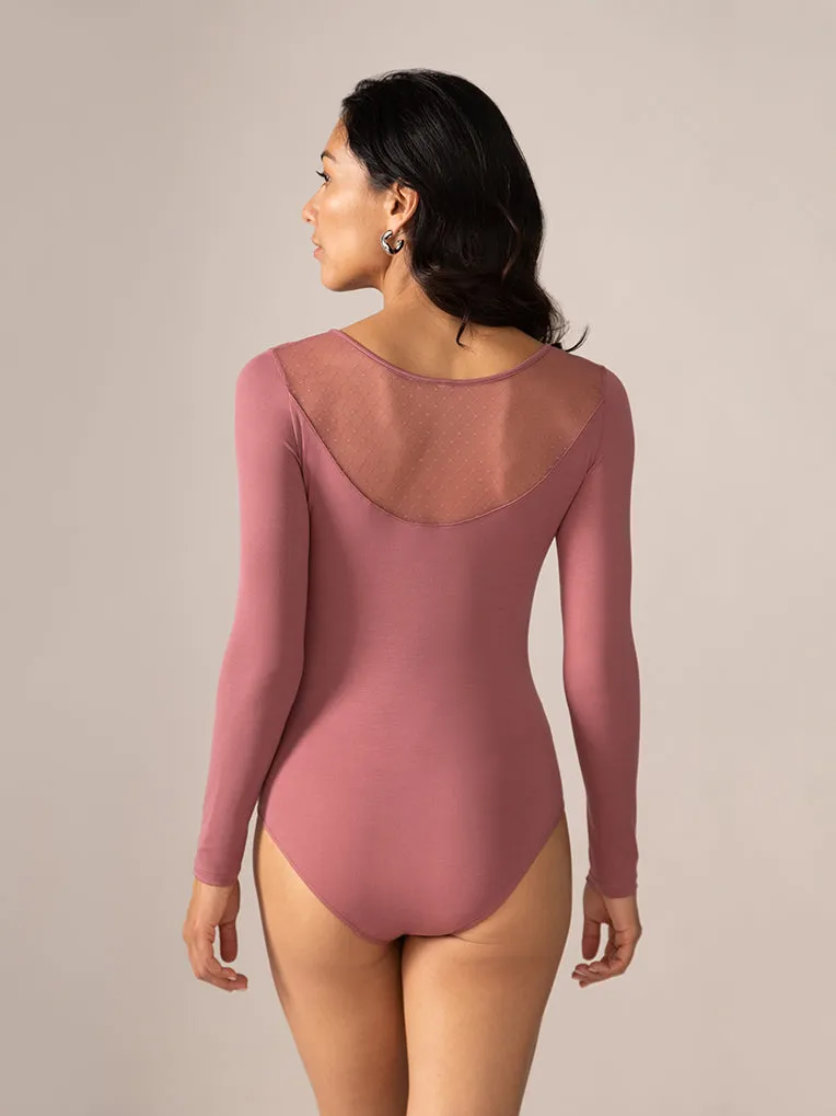 Longsleeve Bodysuit with Sheer Back in Rosewood