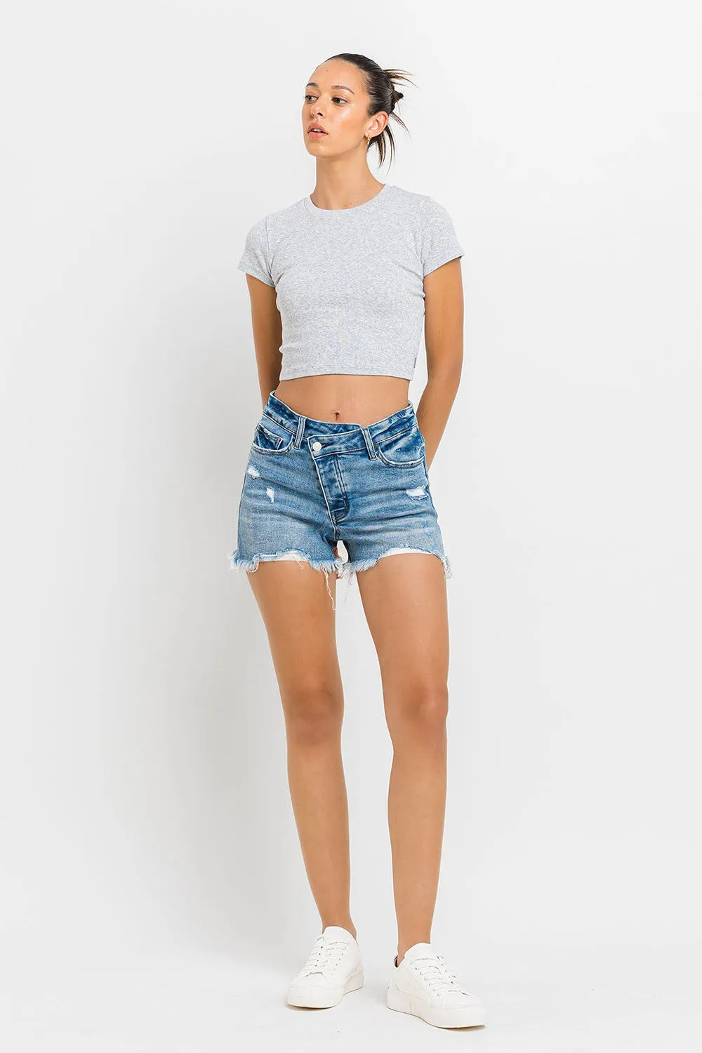 Lovervet Stepped Waist Raw Hem Denim Shorts