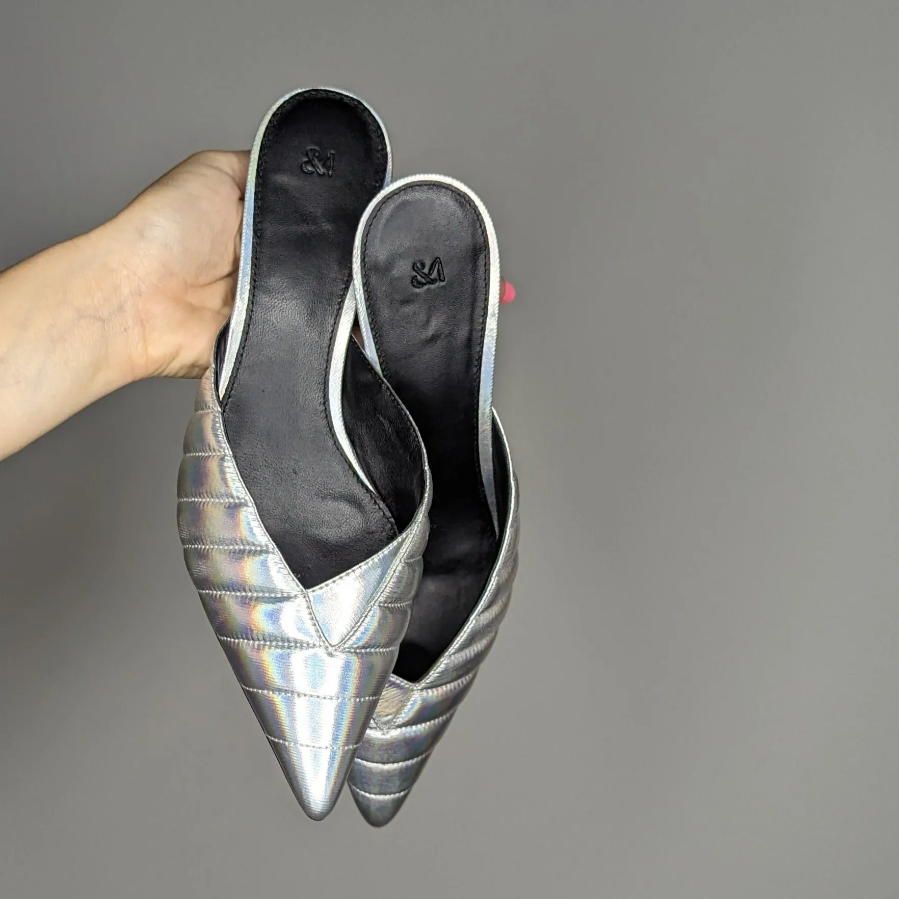 March Muse Silver Holographic Puffer Mule Kitten Heel