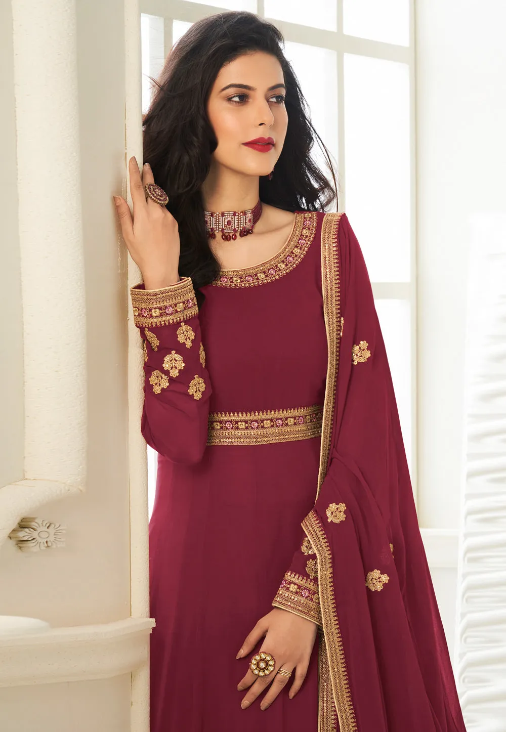 Maroon Embroidered Anarkali Suit