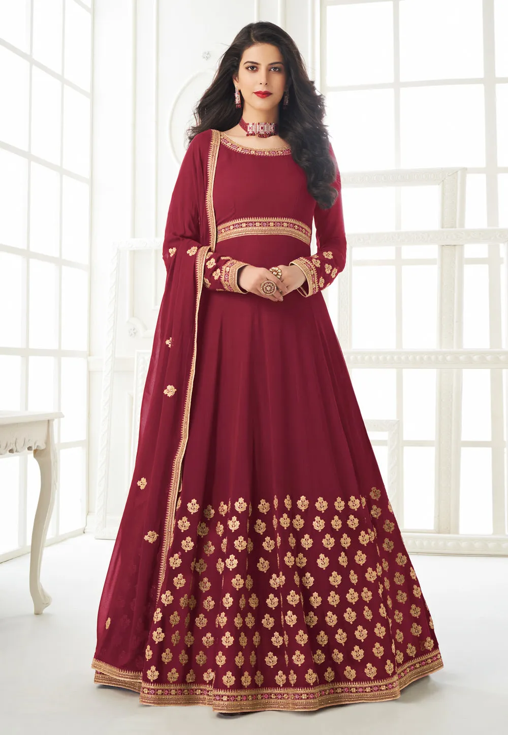 Maroon Embroidered Anarkali Suit