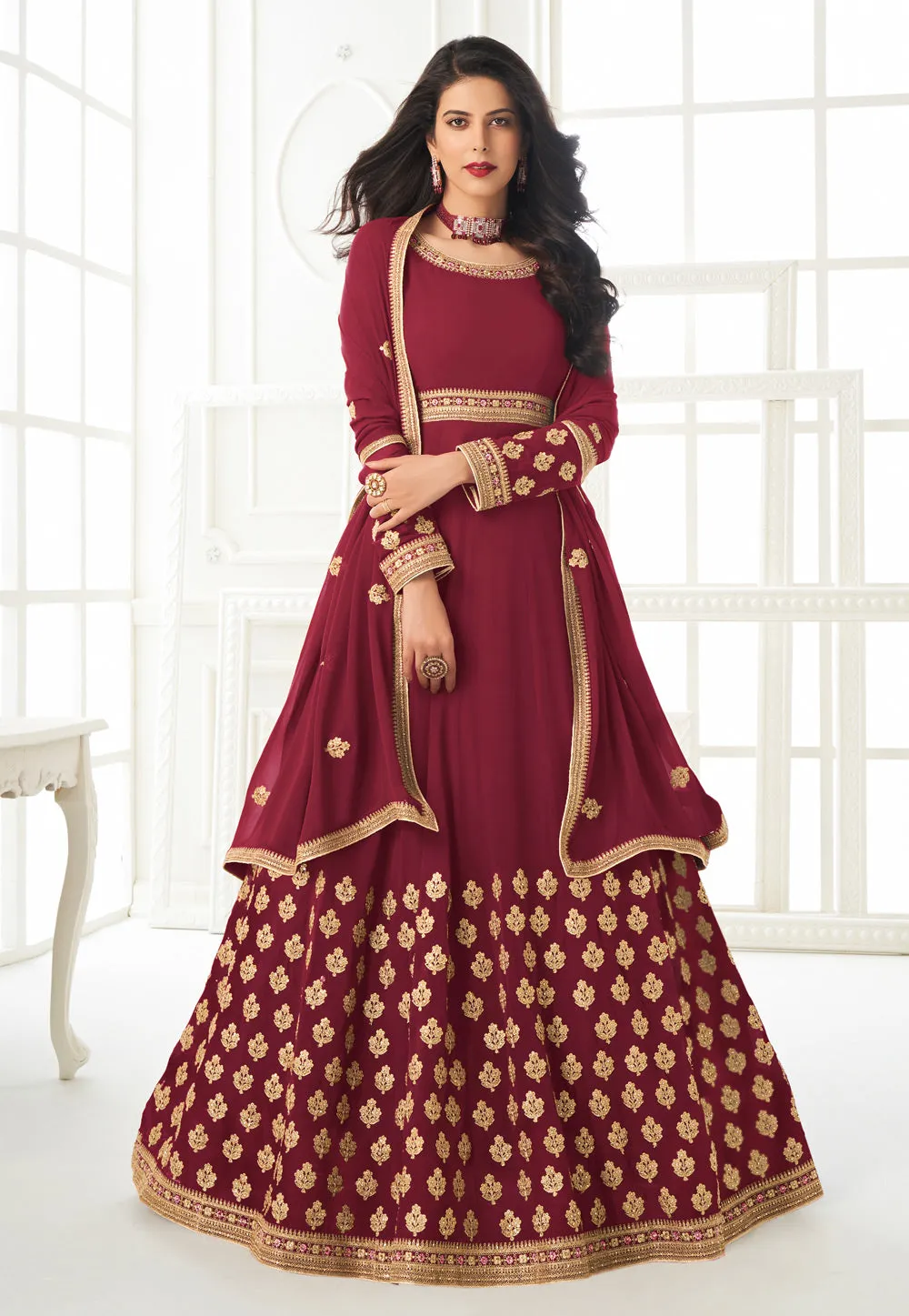 Maroon Embroidered Anarkali Suit