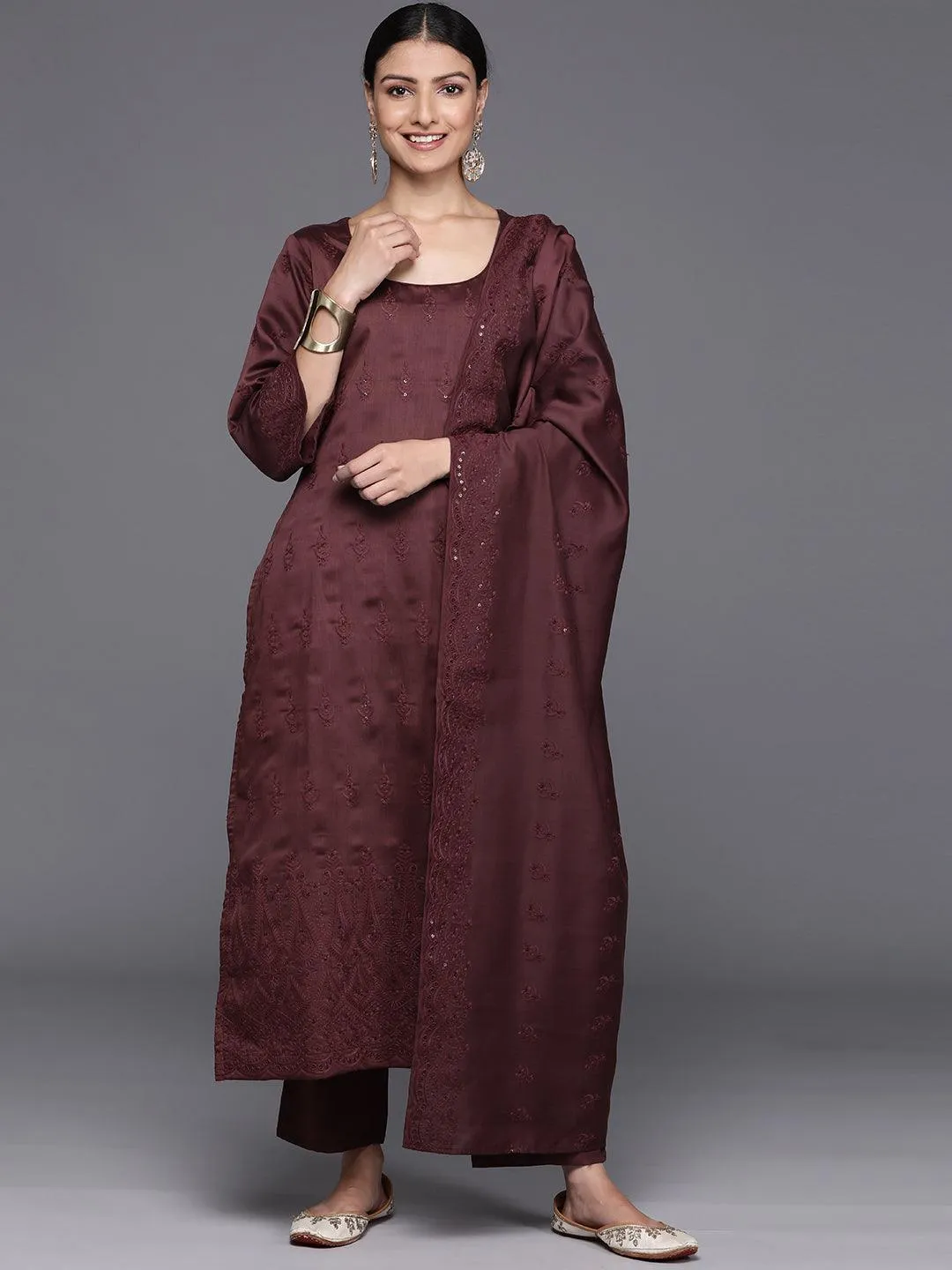 Maroon Embroidered Chanderi Silk Straight Kurta With Trousers & Dupatta