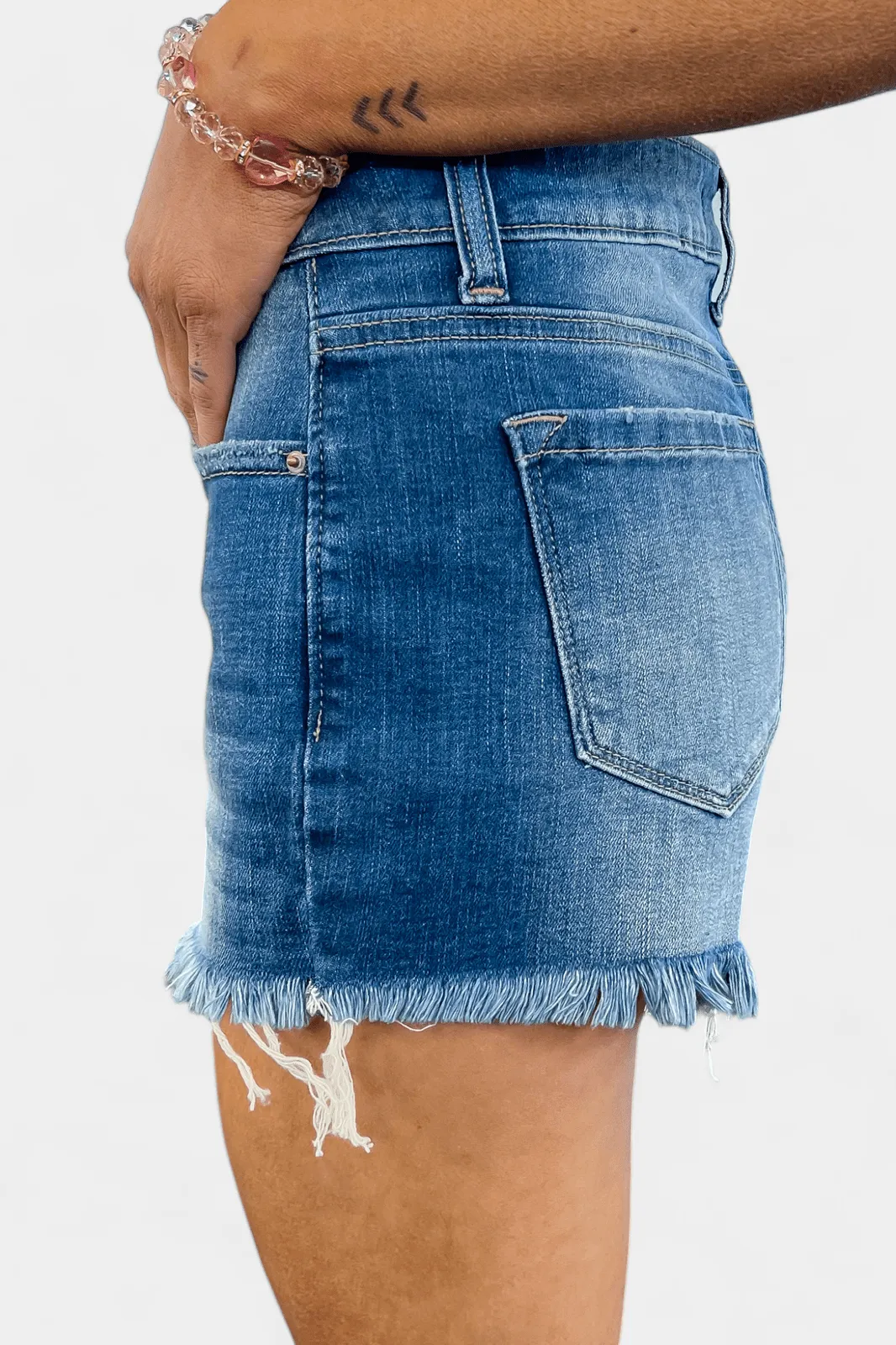 Medium Wash Mid Rise Frayed Denim Shorts