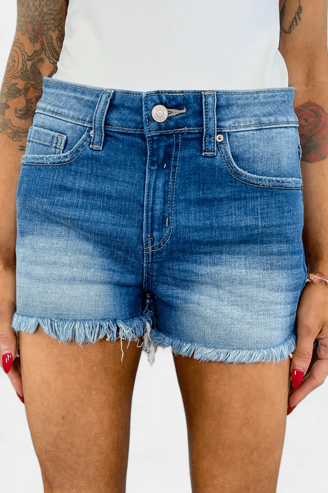 Medium Wash Mid Rise Frayed Denim Shorts