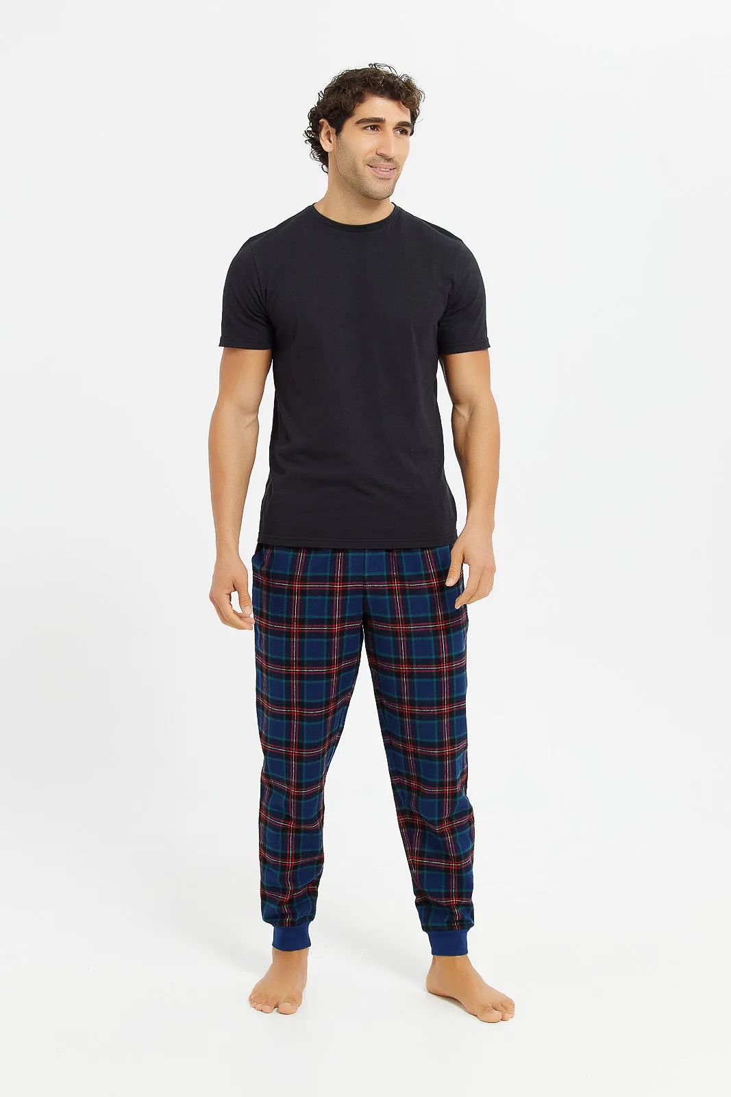 Men Navy Cuffed Flannel Pyjama Pants