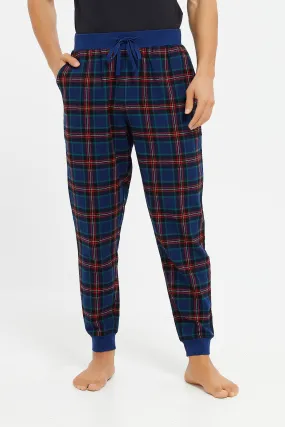 Men Navy Cuffed Flannel Pyjama Pants