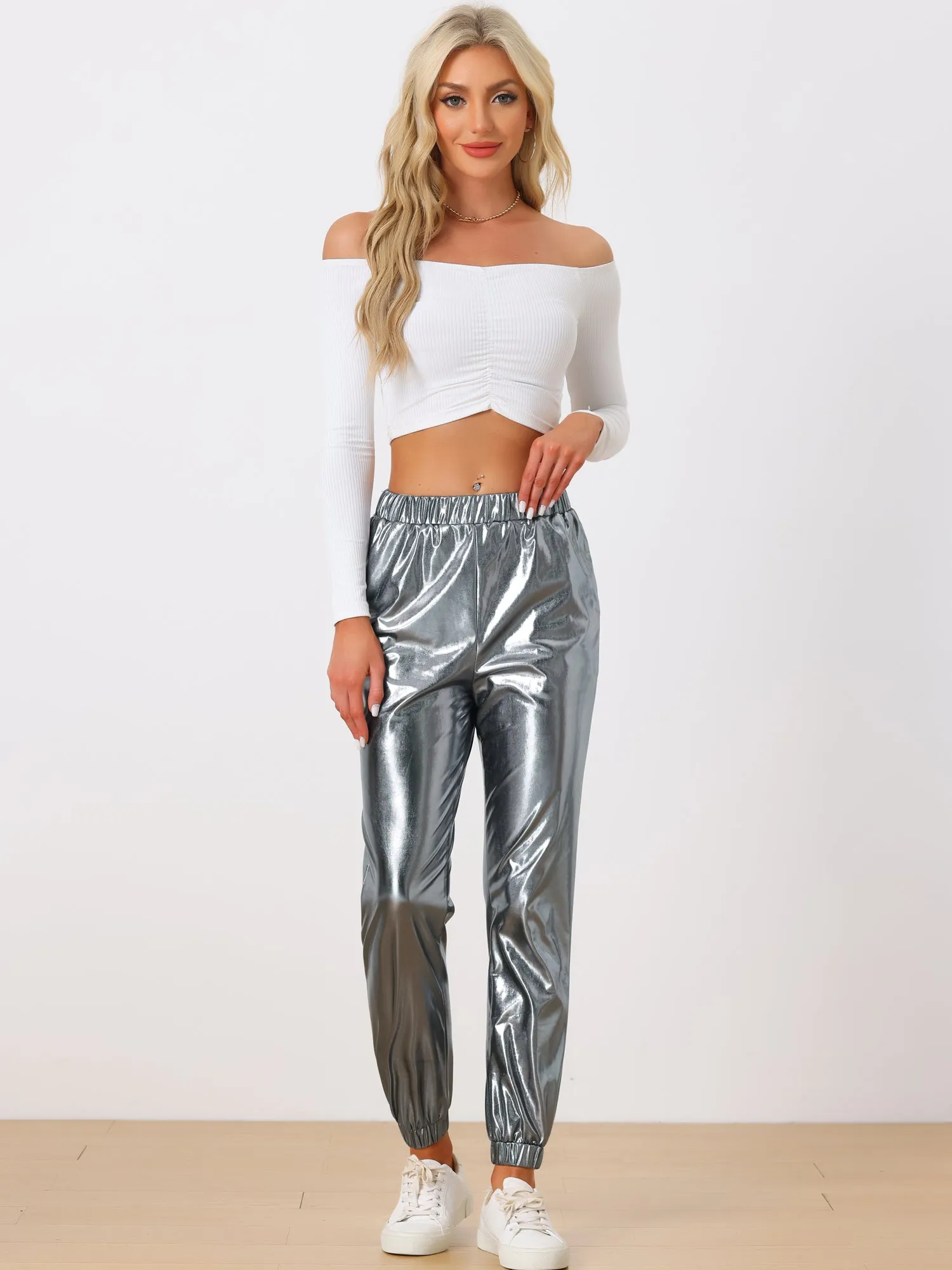 Metallic Trousers Shiny Sparkle Elastic Waist Holographic Pants