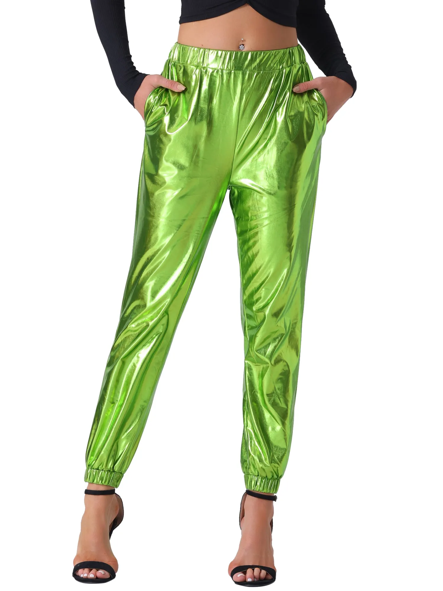 Metallic Trousers Shiny Sparkle Elastic Waist Holographic Pants